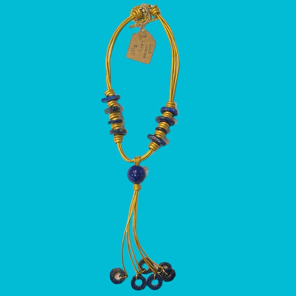💗NWT BLUE LAPIS GOLD LEATHER STATEMENT NECKLACE